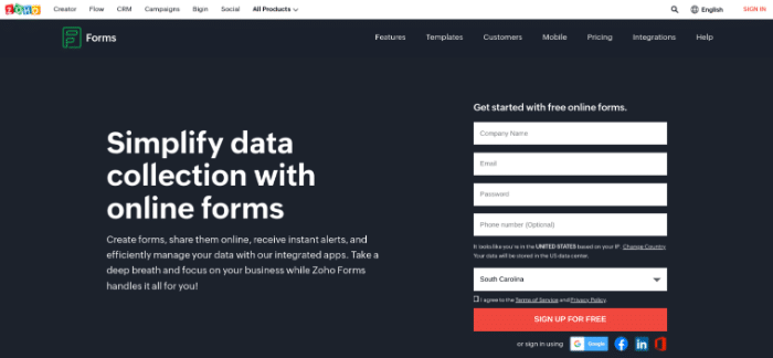 Die Zoho Forms-Website.