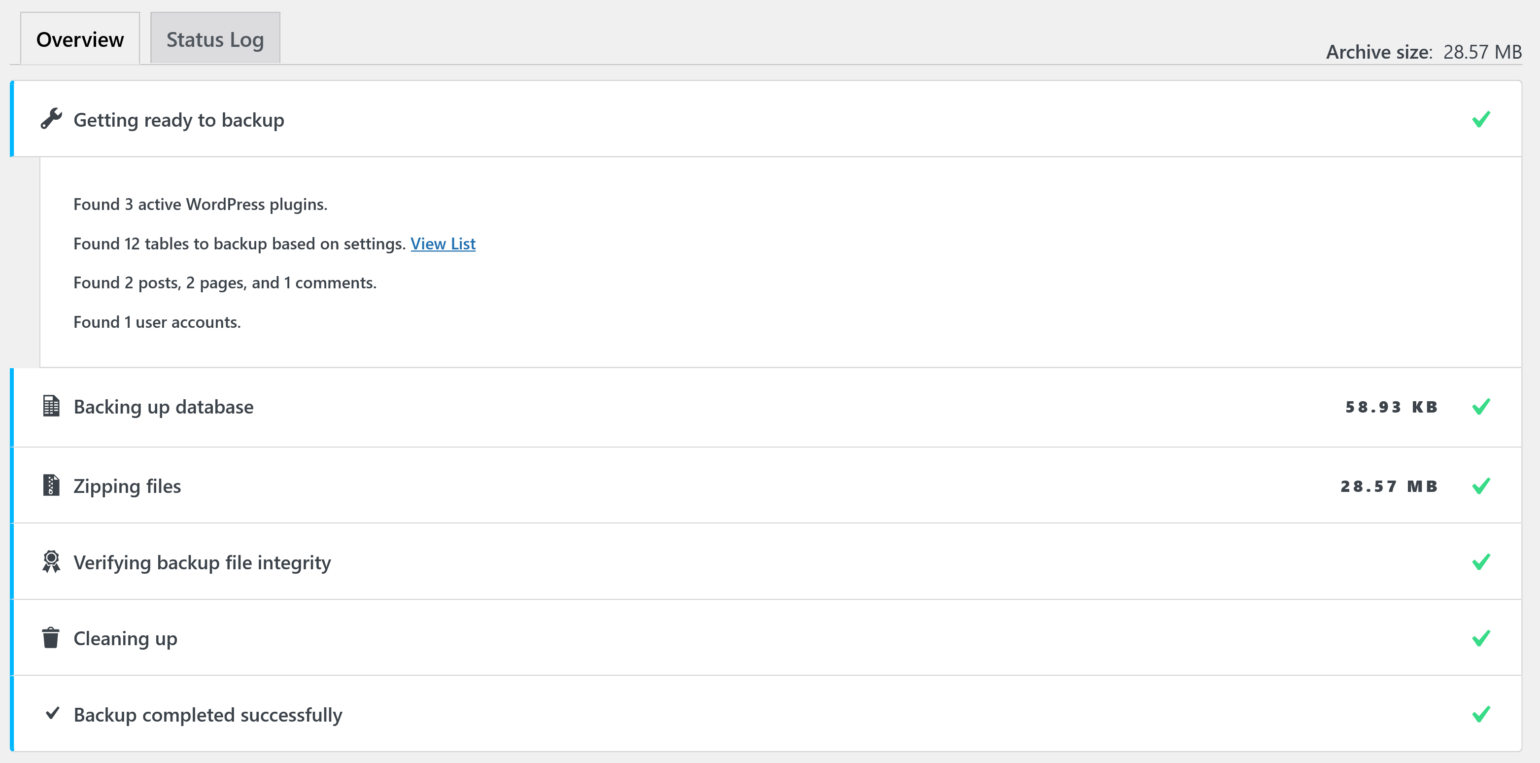Schermata di avanzamento di BackupBuddy, che mostra un backup riuscito.