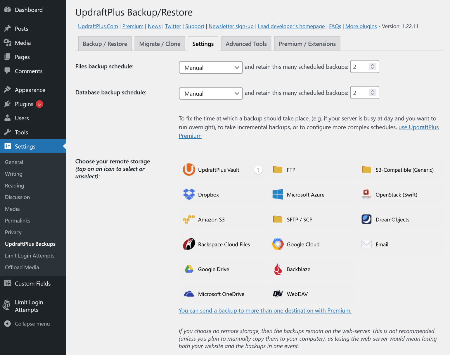Configurazione dell'archiviazione remota in UpdraftPlus.