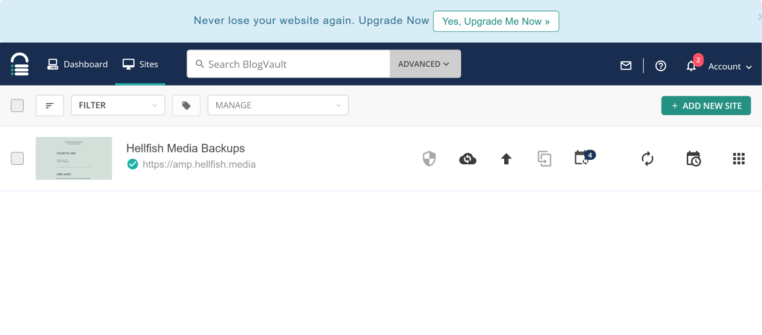 Clicking the backups button in BlogVault will take you to the plugin's backups module.