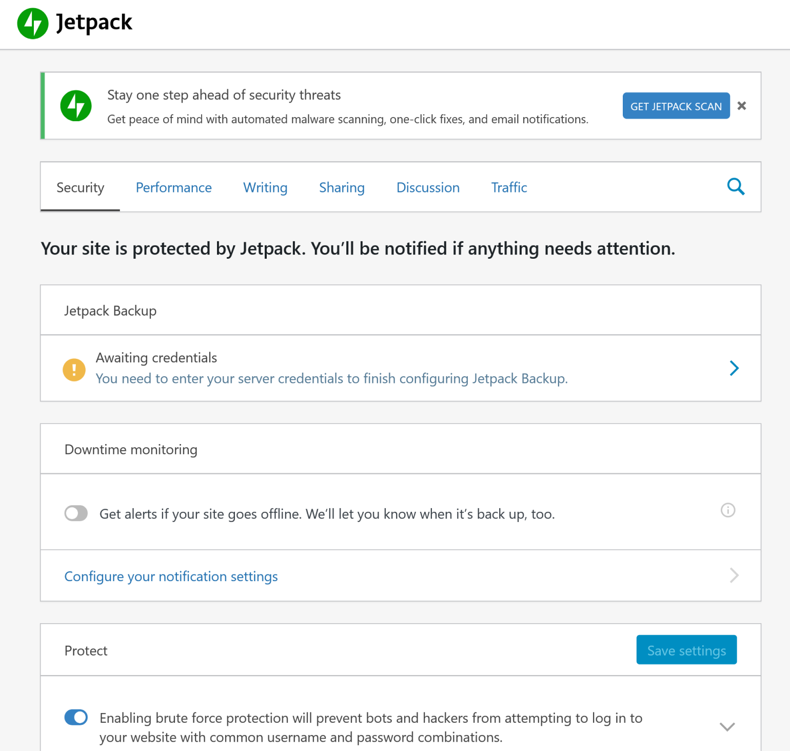 Impostazioni di backup di Jetpack.