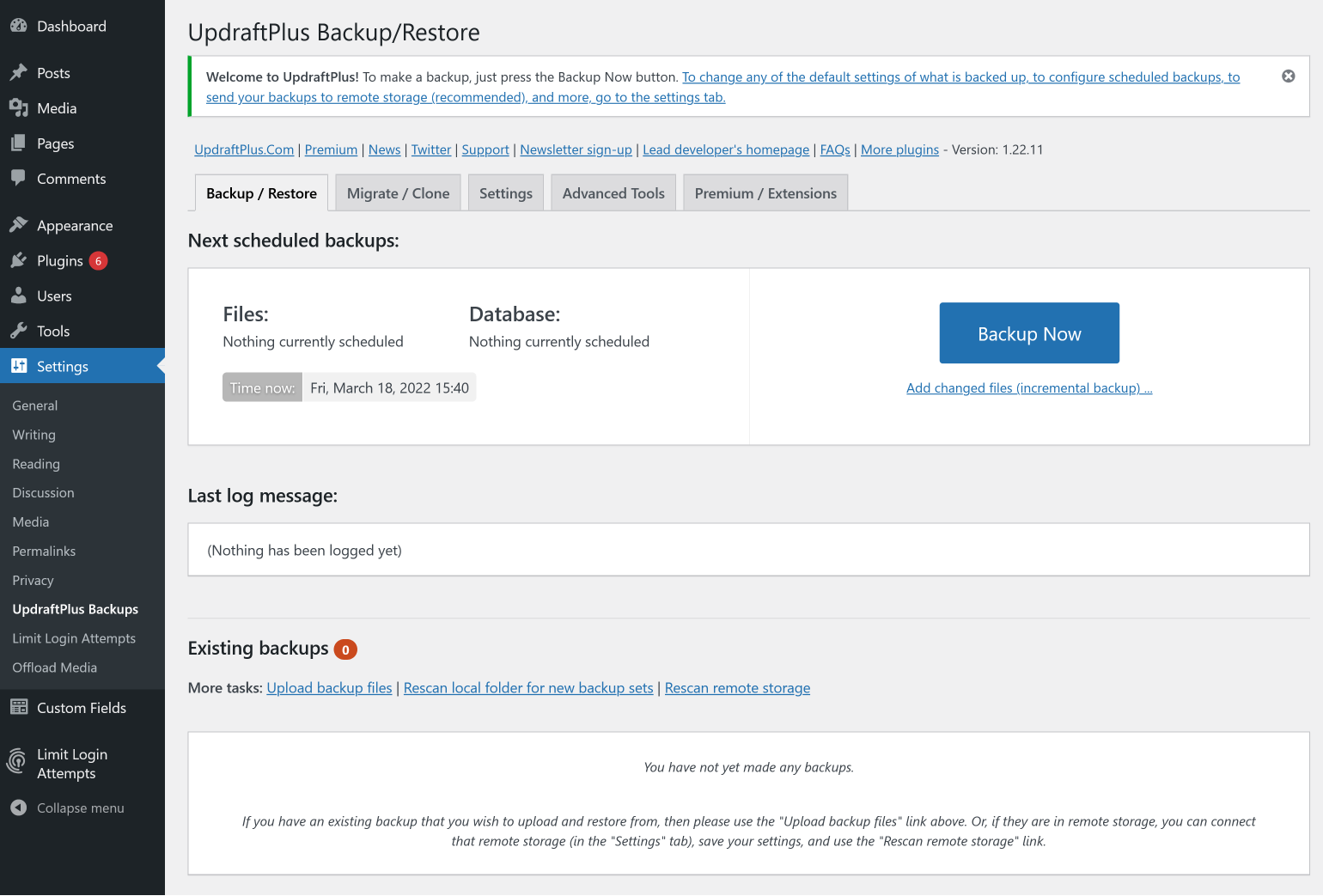La pagina delle impostazioni per UpdraftPlus.