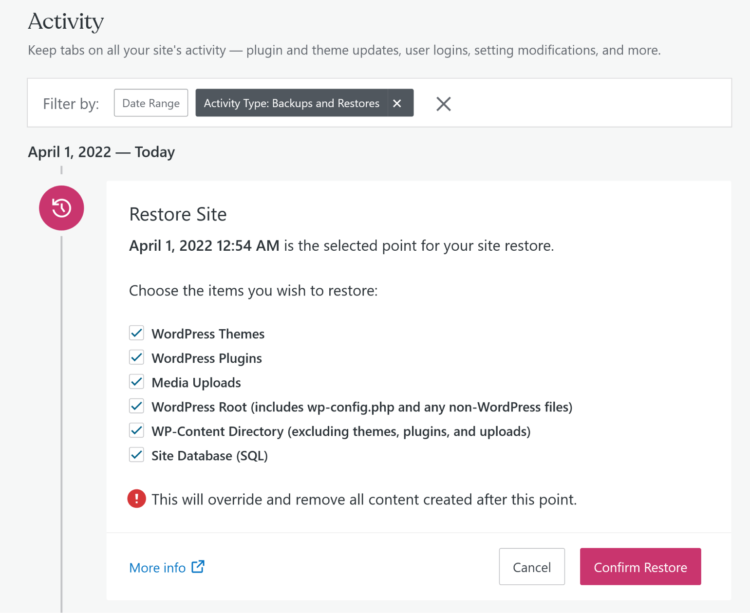 Preparazione per eseguire un ripristino completo in Jetpack Backup.