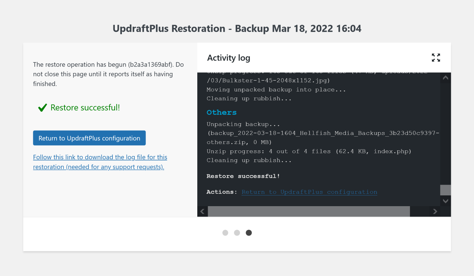 Un ripristino riuscito con UpdraftPlus.