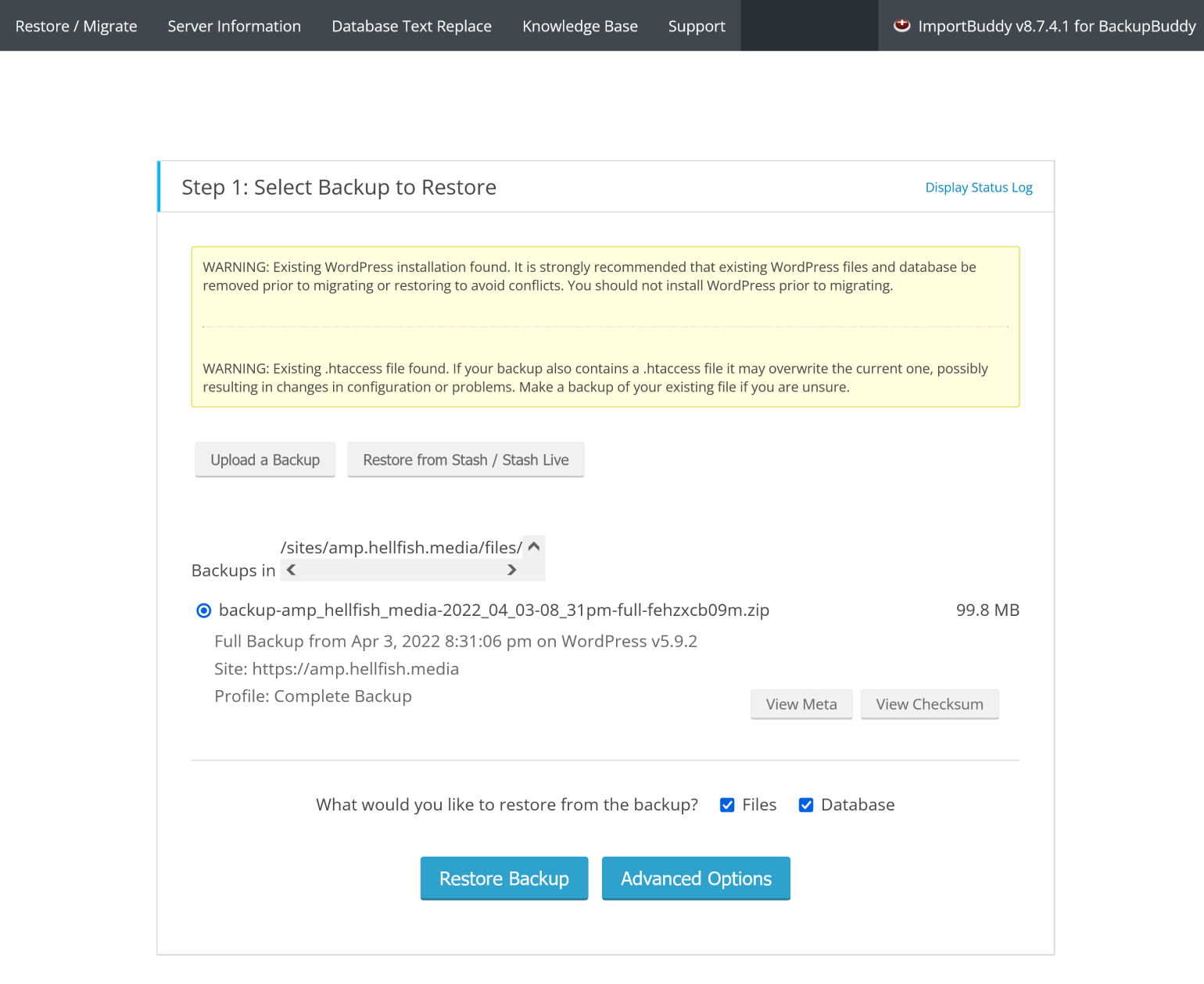 Il primo passo del processo ImportBuddy.