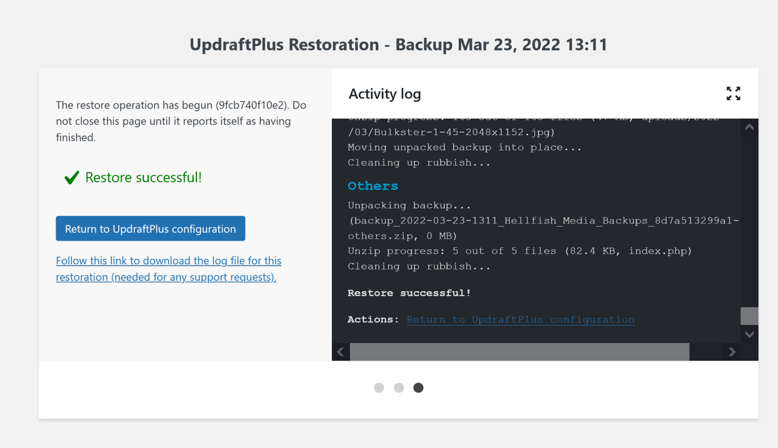Un ripristino remoto riuscito con UpdraftPlus.