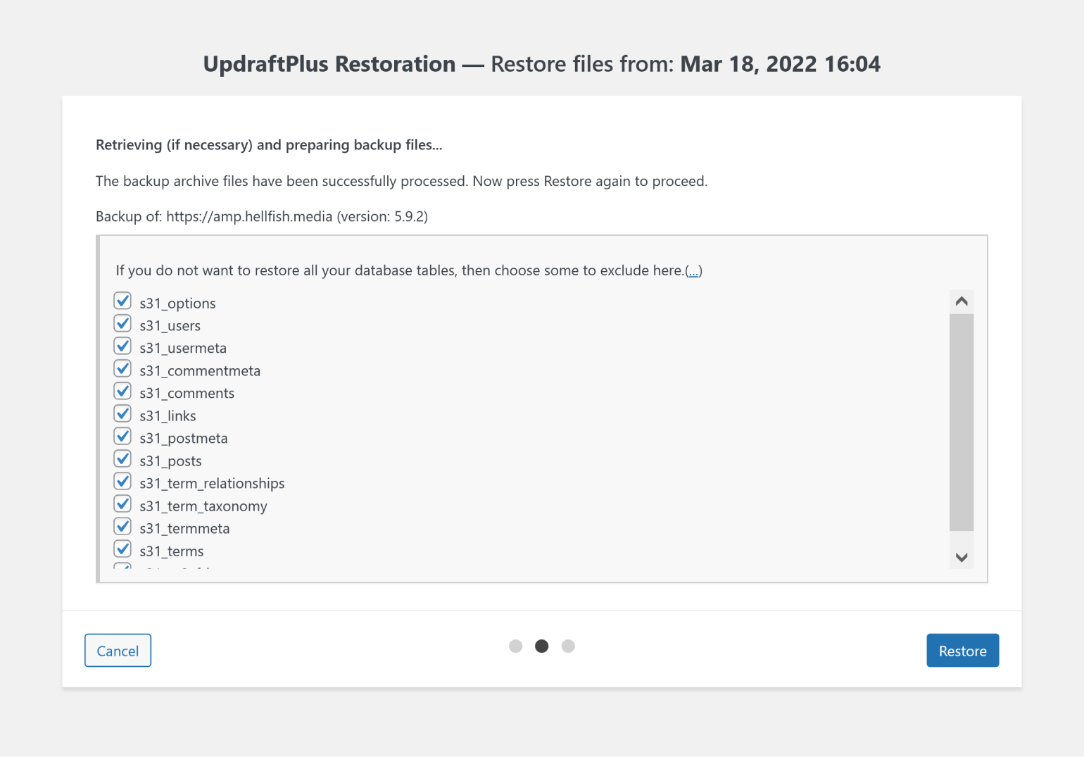 UpdraftPlus consente di escludere le tabelle del database dal backup.