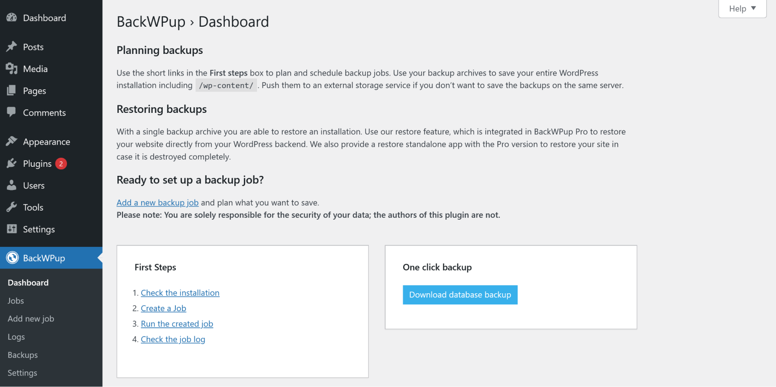 Impostazioni in BackWPup.