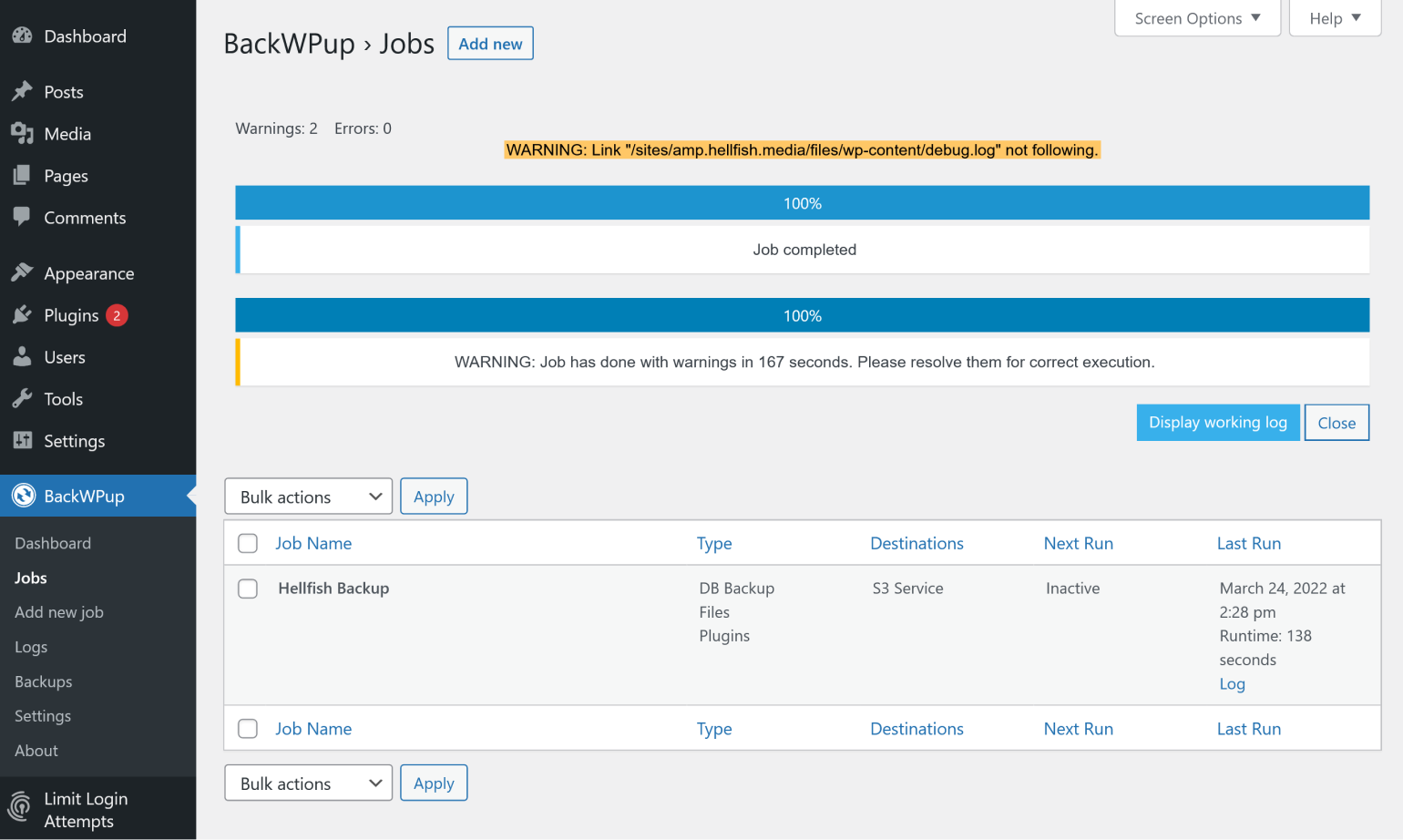 Notifica di un processo di backup completato in BackWPup.
