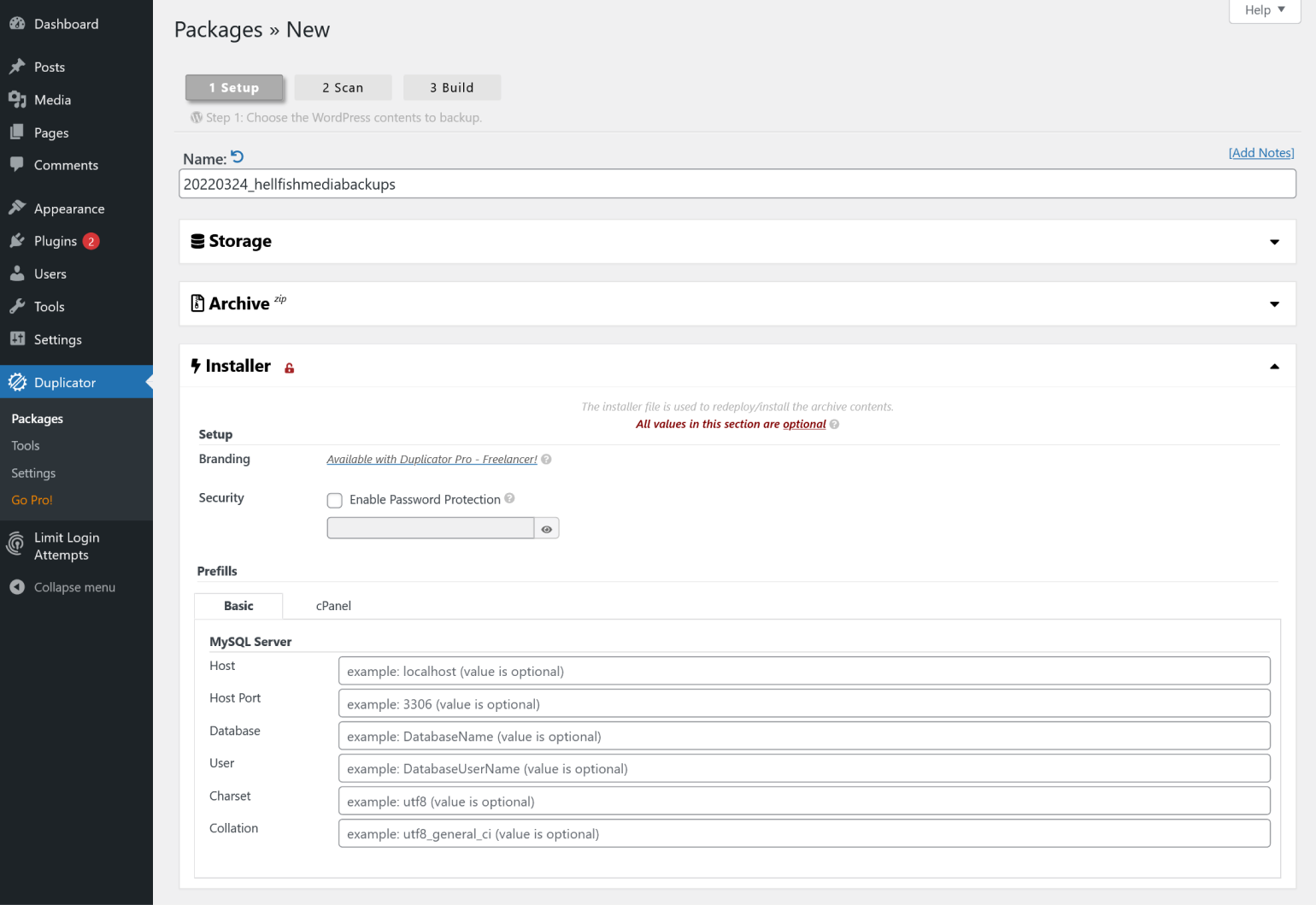 Configurazione del file di installazione in Duplicator.