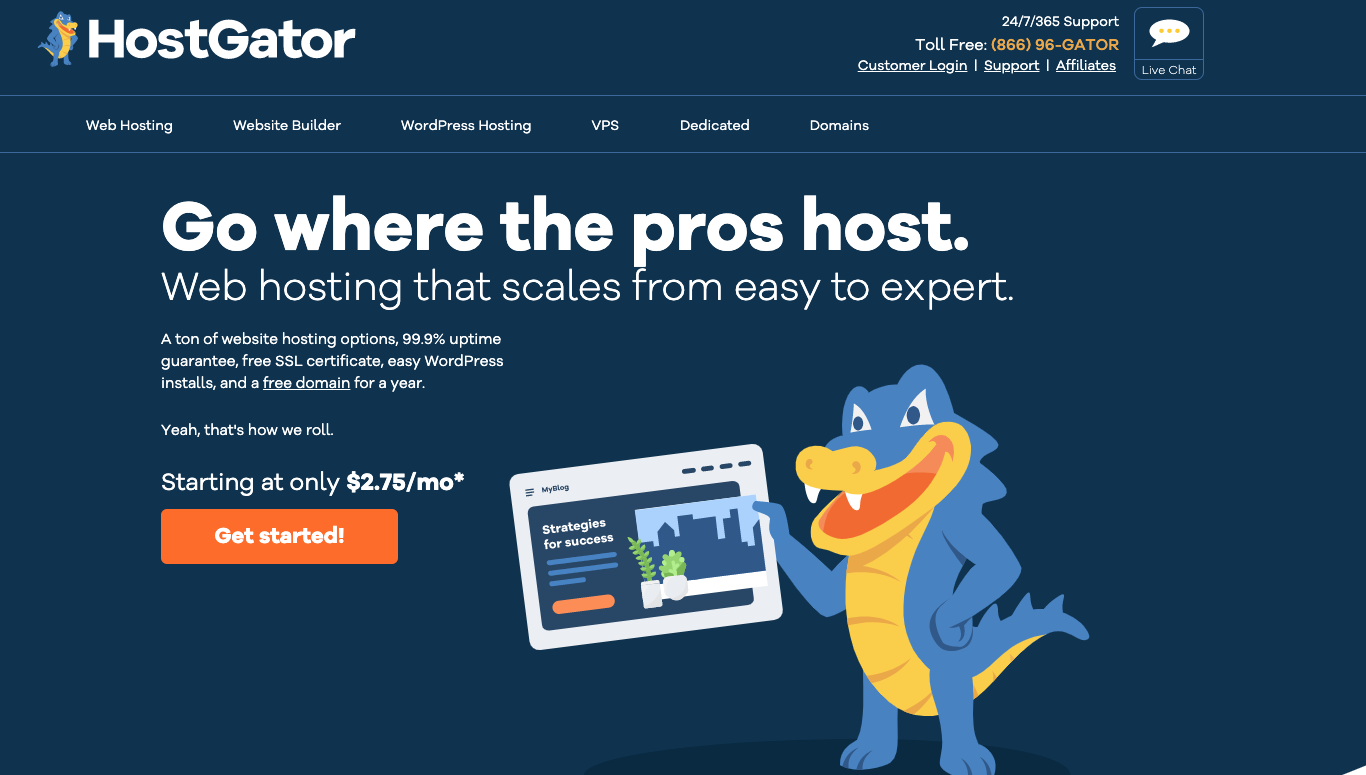 Captură de ecran a paginii de pornire HostGator (Opțiuni de găzduire)