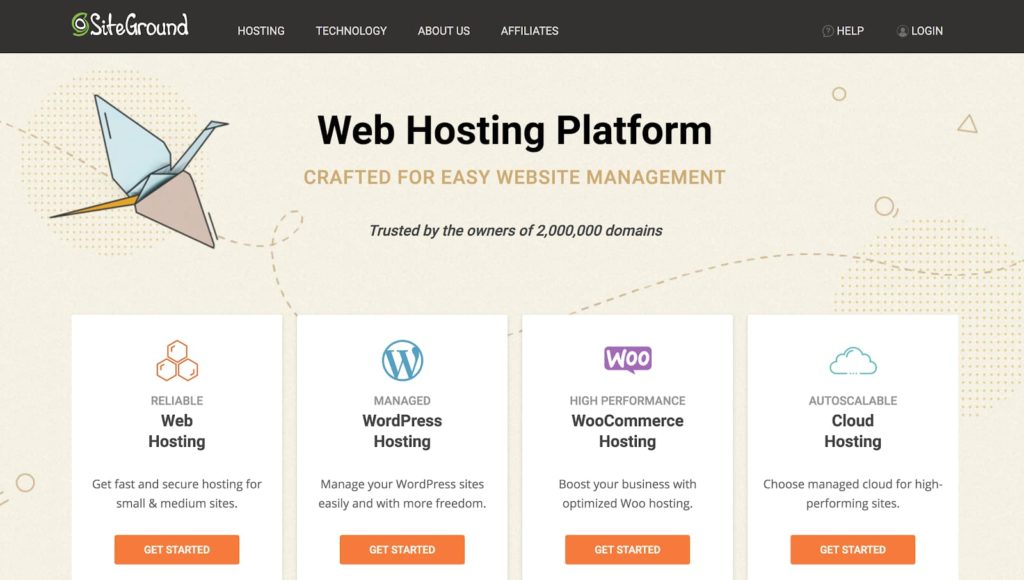 Planurile și opțiunile de găzduire WordPress de la SiteGround (captură de ecran)