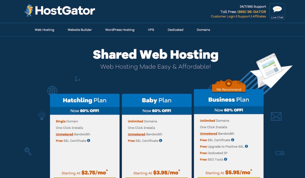 Captură de ecran pentru Planurile de găzduire WordPress de la HostGator (găzduire web partajată).