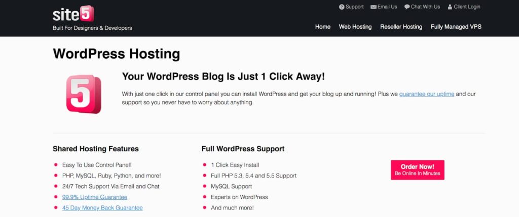 Site5 (Captură de ecran a paginii de pornire) Planuri de găzduire WordPress pentru bloggeri