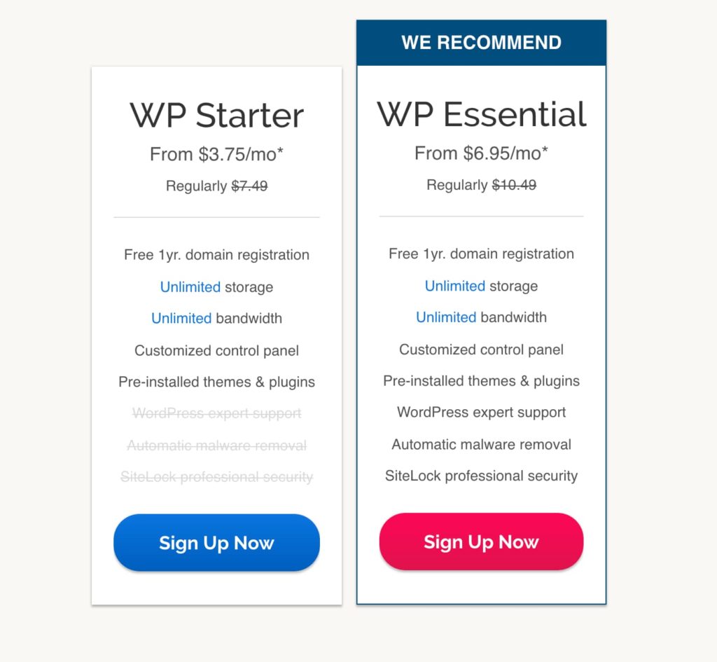 Defalcări ale planurilor de prețuri iPage WP Starter și WP Essential (captură de ecran)