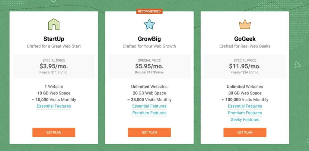 Tabel de prețuri pentru găzduire SiteGround (captură de ecran)