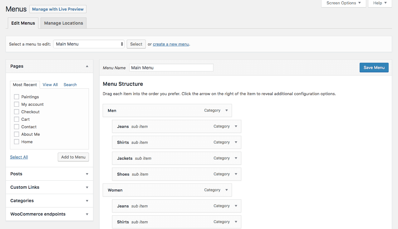 Meniu vechi WordPress