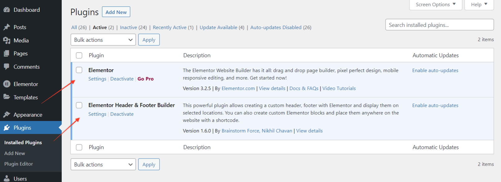 Activați pluginurile Elementor și Elementor Header & Footer Builder