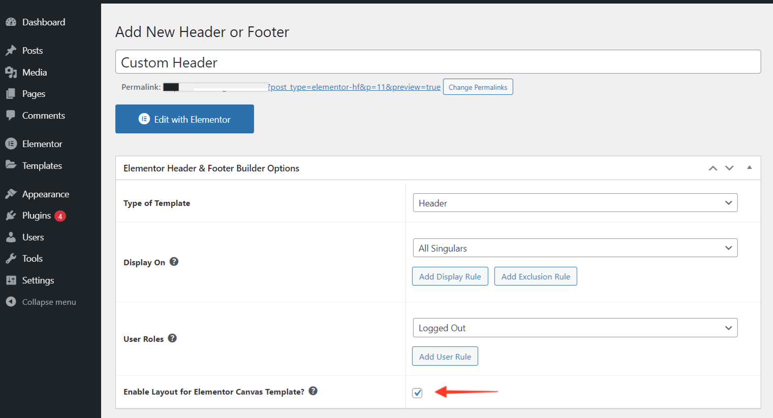 Aspect de pânză Elementor Header & Footer Builder