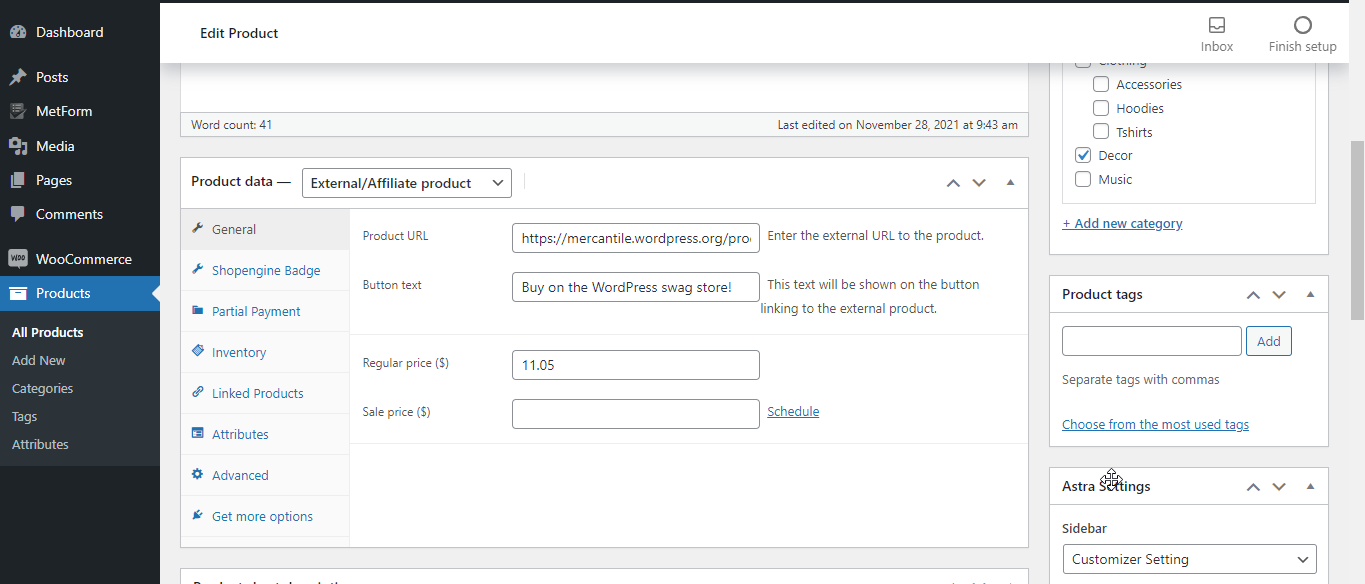 WooCommerce製品の詳細設定