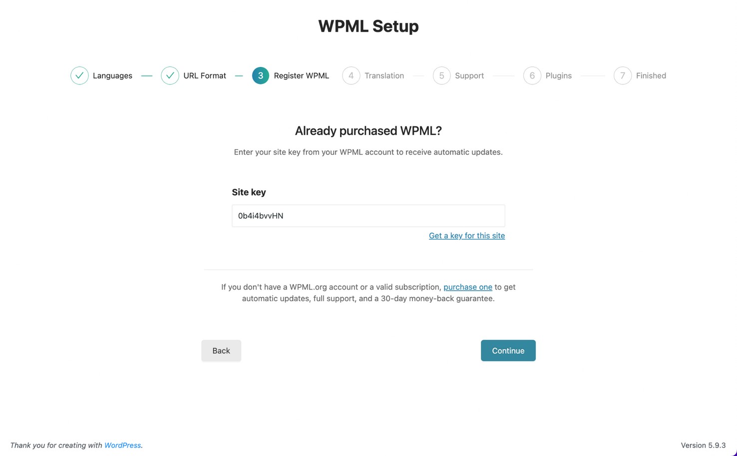 Clé de site WPML