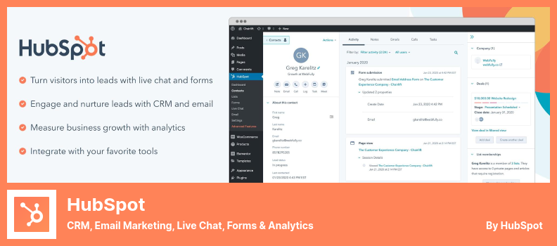 HubSpot 插件 - CRM、电子邮件营销、实时聊天、表单和分析