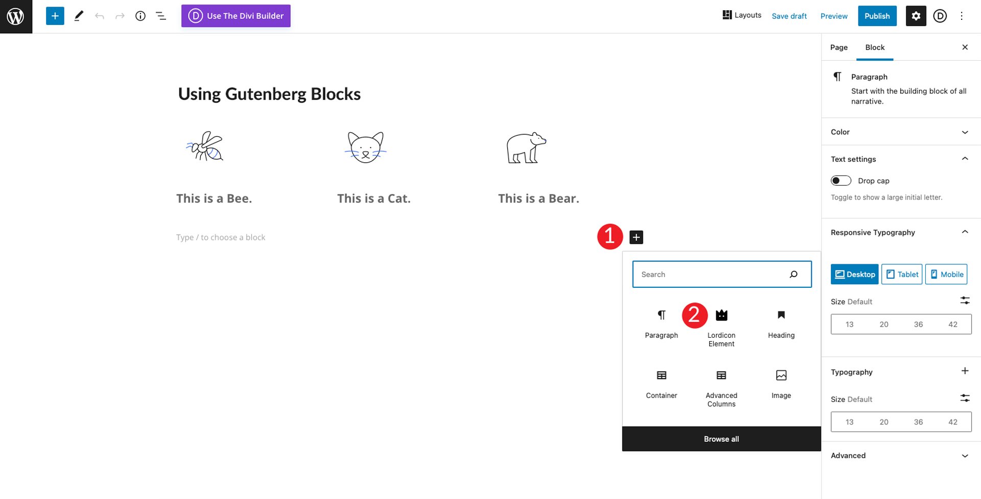 Verwendung des Lordicon Gutenberg-Blocks