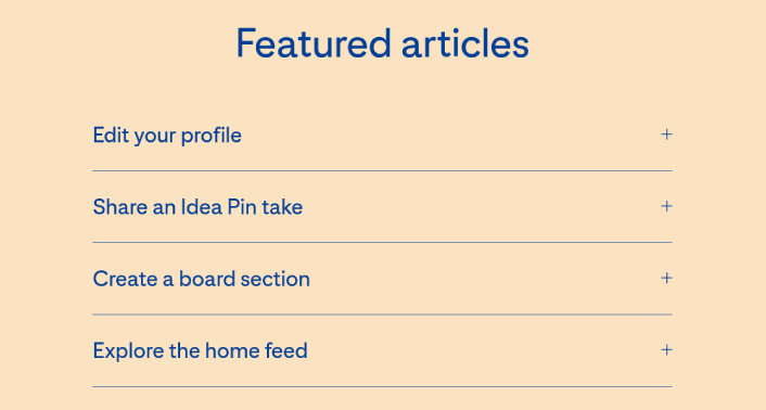 Acordeão da página de perguntas frequentes do Pinterest