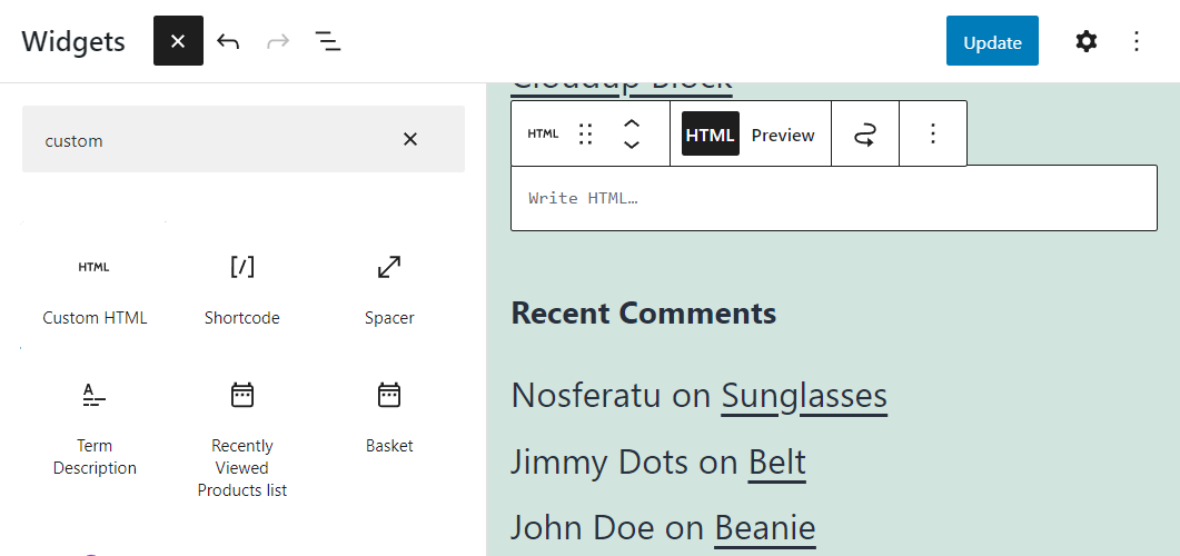 добавление пользовательского блока HTML в WordPress