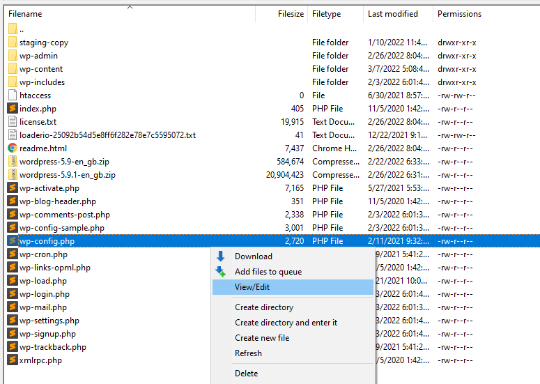 редактирование файла с помощью Filezilla