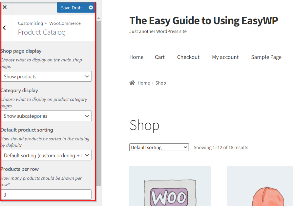 O casetă roșie evidențiază opțiunile de personalizare a site-ului în WooCommerce