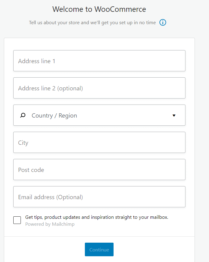 Captura de tela do formulário necessário para iniciar a configuração do WooCommerce