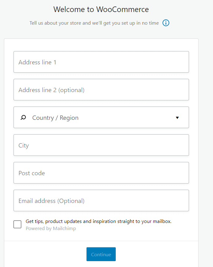 Screenshot del modulo richiesto per iniziare a configurare WooCommerce