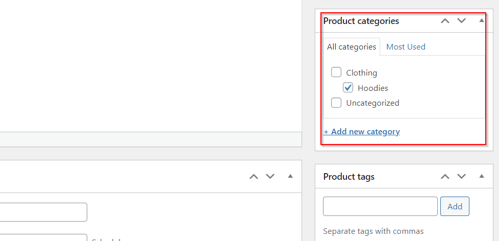 Uma caixa vermelha destaca a barra lateral da categoria de produto no WooCommerce