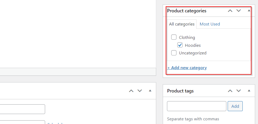 O casetă roșie evidențiază bara laterală a categoriei de produse în WooCommerce