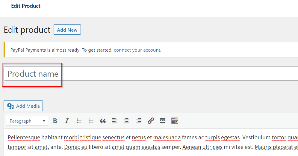 Kırmızı bir kutu, WooCommerce'de bir ürün adının nerede değiştirileceğini vurgular
