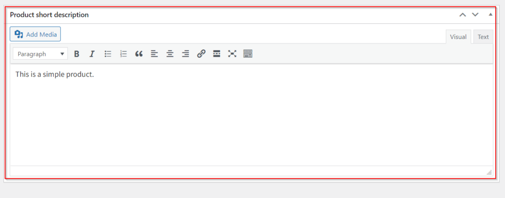 Une boîte rouge met en évidence le champ de description courte dans WooCommerce