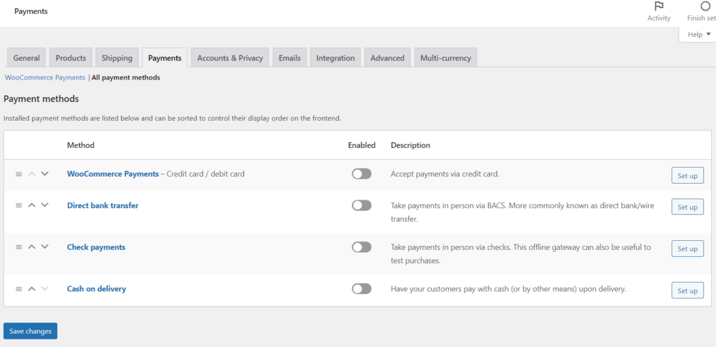 WooCommerce'deki Ödeme Ayarları seçeneklerinin ekran görüntüsü