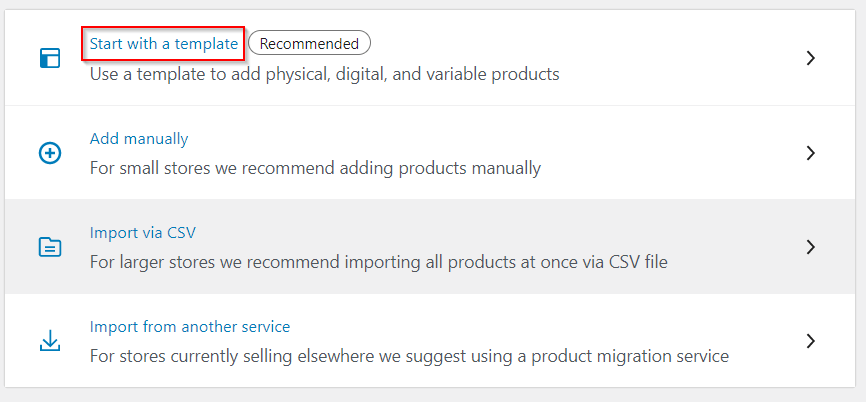 O casetă roșie evidențiază de unde să începeți cu un șablon în WooCommerce