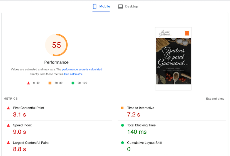 Imagify olmadan performans metrikleri - Kaynak: PageSpeed Insights