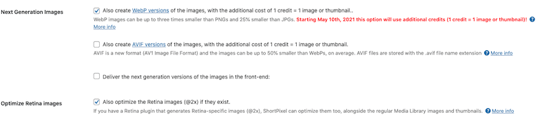 Opción WebP y compresión al 85% - Fuente: ShortPixel