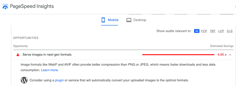 Google recomendando veicular imagens nos formatos WebP ou AVIF - Fonte: PageSpeed ​​Insights