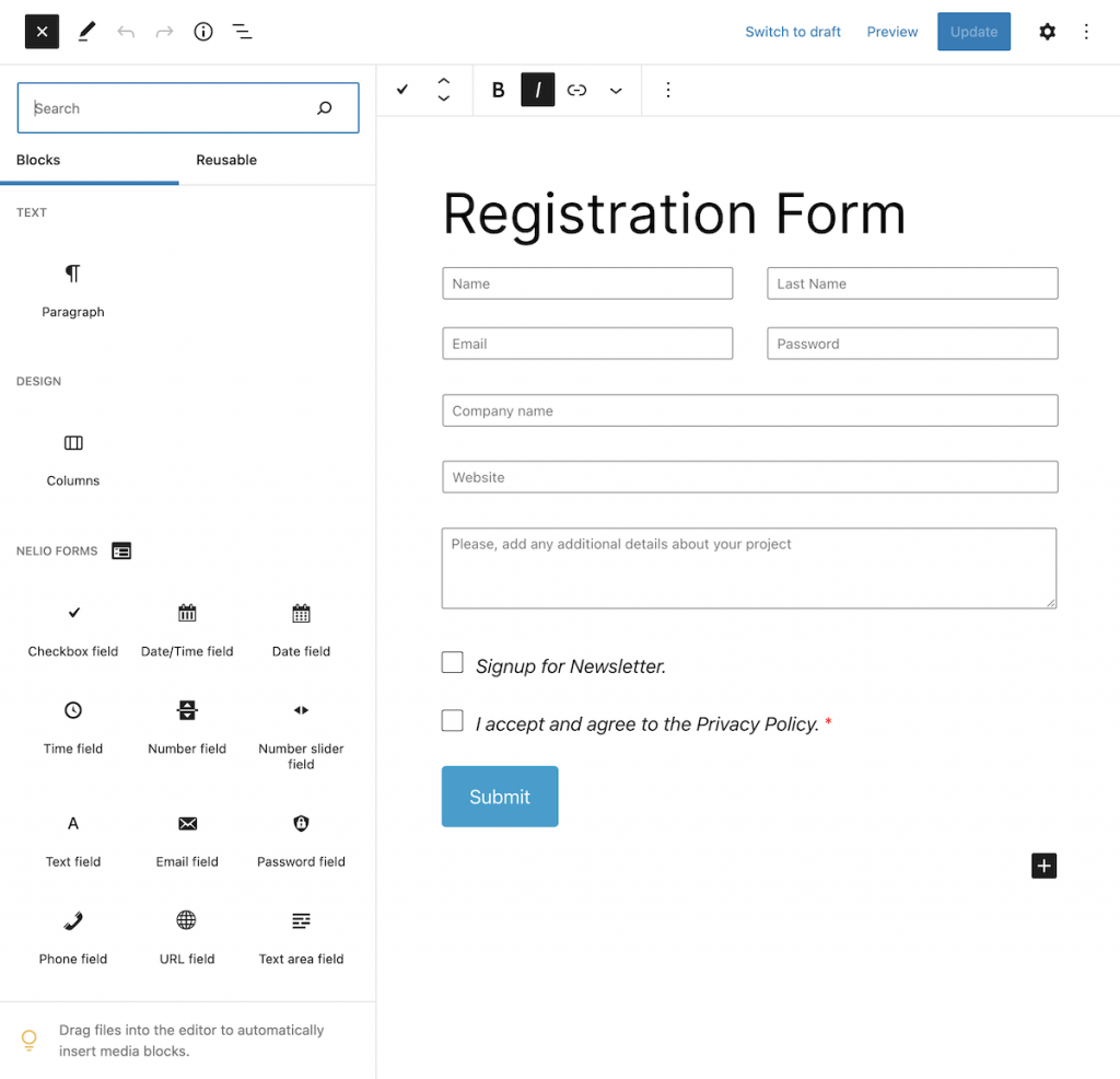 Редактирование формы с помощью Nelio Forms