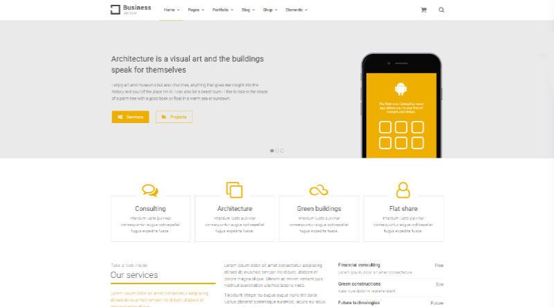 10 최고의 밝은 노란색 WordPress 테마 5 Yellow Business WordPress theme