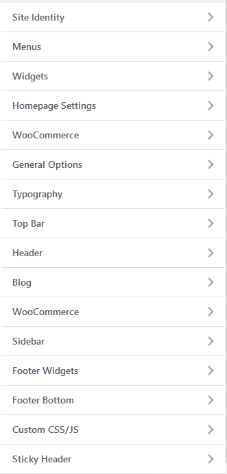 Lista completa de configurações do personalizador Full list of Customizer settings