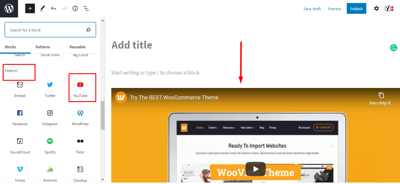 Youtube-Einbettungscode in den Text des Editors einbetten.