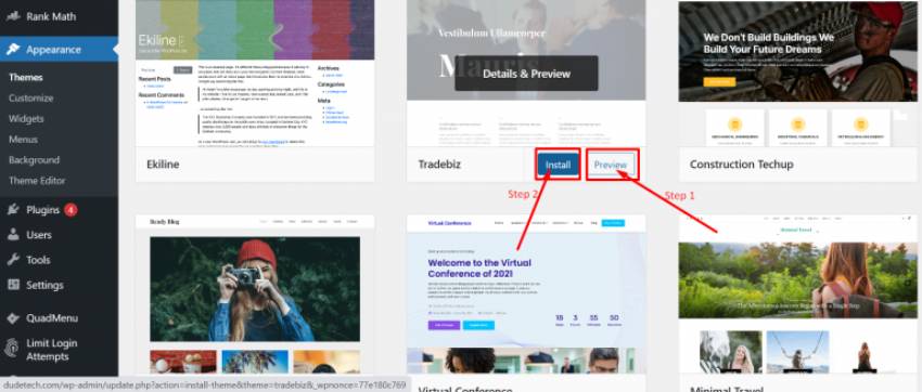 Pratinjau dan Instal Tema WordPress
