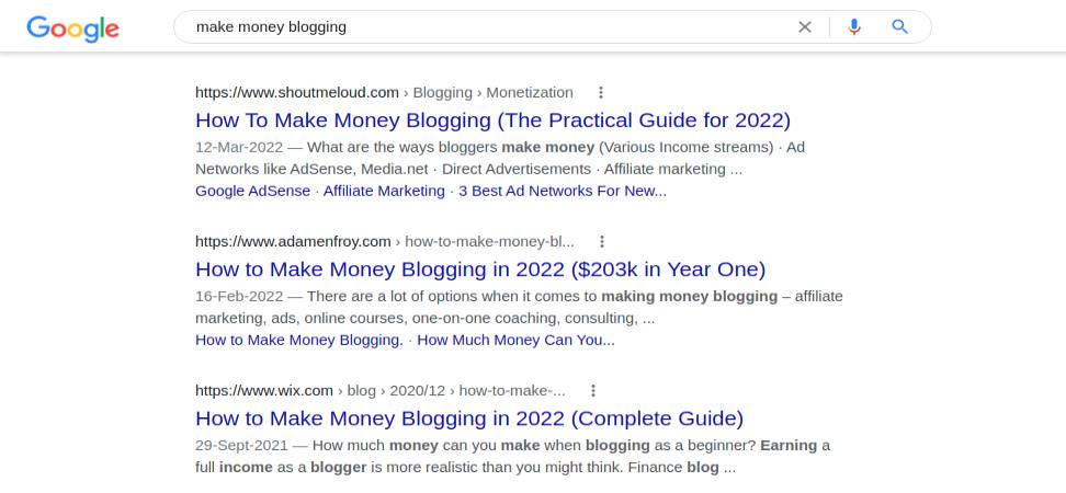 お金を稼ぐブログのGoogle検索結果