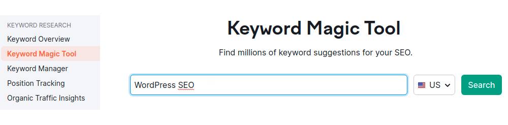 Opcja magicznego narzędzia słów kluczowych w Semrush
