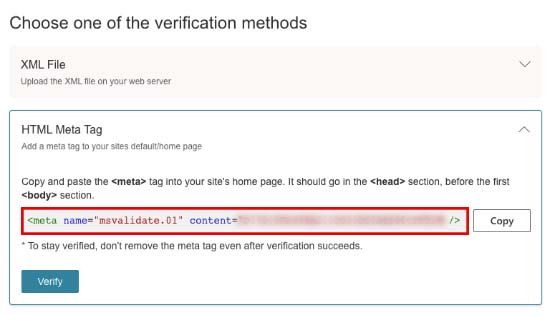 Bing Web Yöneticisi Aracında Siteyi Doğrulamak için Meta Etiketi Kopyalayın